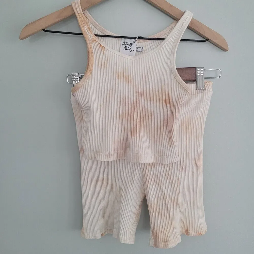 Princess Polly Ribbed Set Crop Top Size 2 Shorts Size 4 Tan Brown Tie Dyed